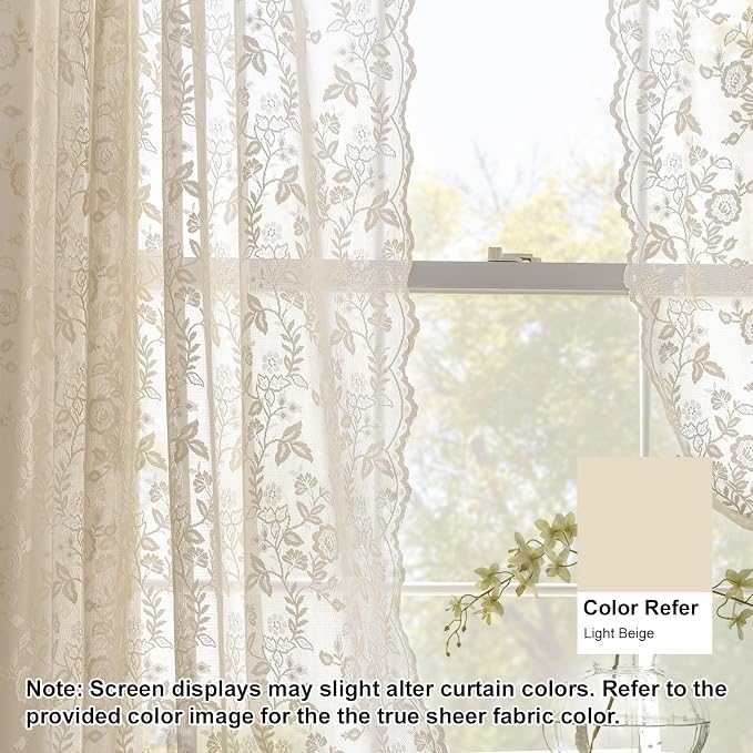 FINECITY Beige Lace Curtains for Living Room Floral 52 x 84 Inch, 2 Panels | - Image 6