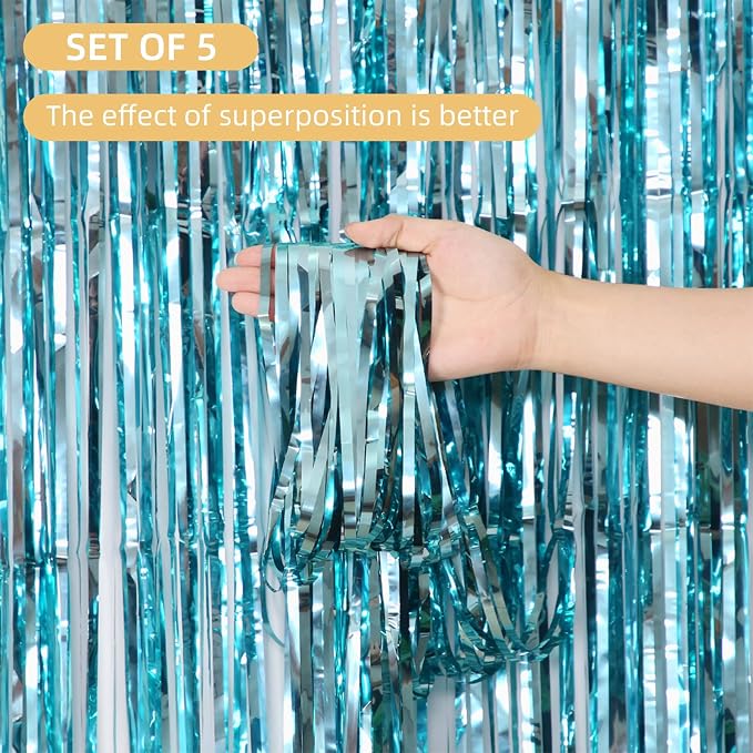 5 Pack Blue Foil Curtain Backdrop 3.2ft x 9.8ft Metallic Tinsel Foil Fringe - Image 2