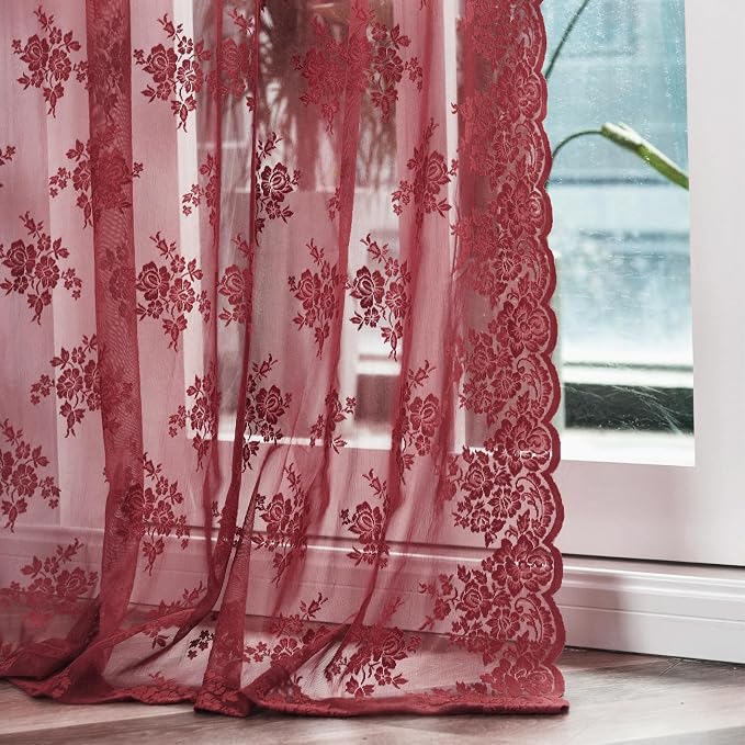 Kotile Burgundy Floral Sheer Curtains - Image 7