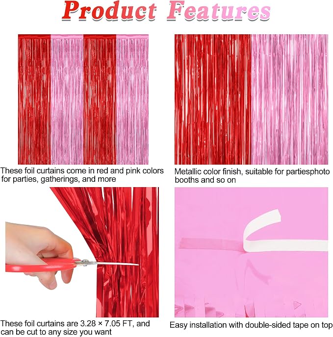 ZATAYE 2 Pack Red Pink Valentines Foil Curtain Streamer Decorations | Red Pink - Image 4