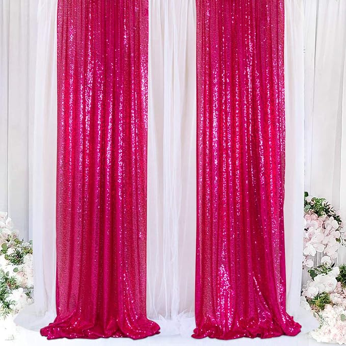 ShinyBeauty Sequin Curtains Panels Hot Pink Sequin Backdrops 4 Pieces Photo - Image 2