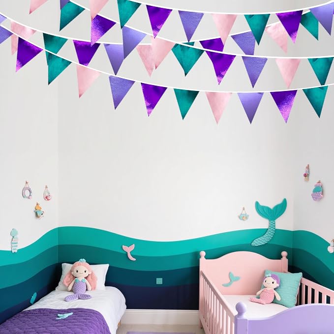 Mermaid Party Decorations Purple Pink and Teal Aqua Metallic Fabric Triangle - Image 5