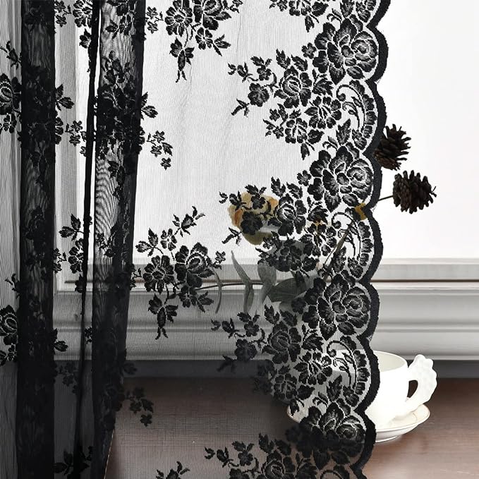Kotile Black Lace Curtains Vintage Rustic Floral, 52 x 96 Inch, 2 Panels | Rod - Image 5