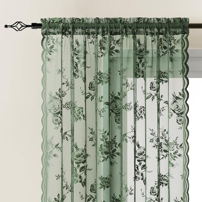 Dark Green Lace Curtains 84 Inches Long Victorian Floral Sheer Curtains - Image 3