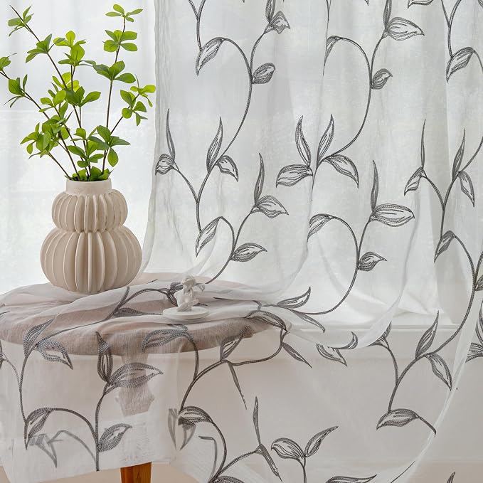 Sheer Curtains Boho Leaf Floral Embroidered Grey 54Wx72L | Light Filtering Semi - Image 7