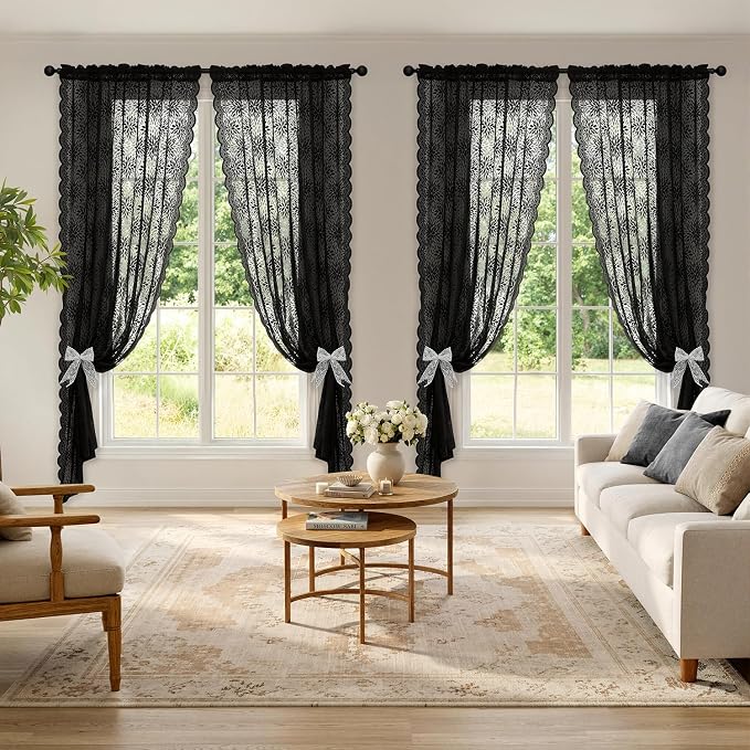 MIULEE Black Lace Curtains 90 inches Long, Victorian Floral Semi Sheer Curtains - Image 2