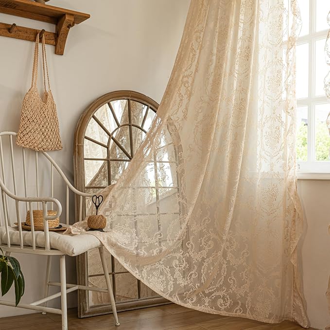 Deeprove Beige Lace Curtains 63 inches Length 2 Panels Set Sheer Boho Florals - Image 2