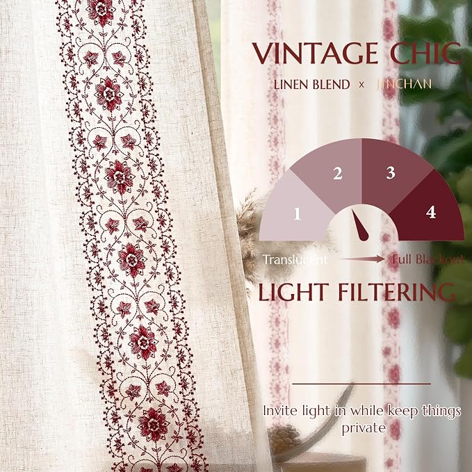 jinchan Floral Linen Curtains Embroidered Back Tab 50x96in 2 Panels Red | Light - Image 6