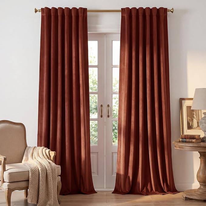 Rust Red Velvet Curtains for Christmas Decor, W52 x L108, 2 Panels | Back Tab by StangH