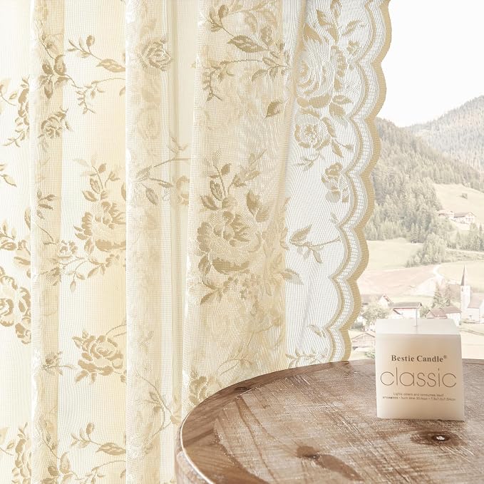 SEEKRIGHT Beige Lace Sheer Curtains 63 Inch Length Country Floral Curtains by SEEKRIGHTHomeDecor