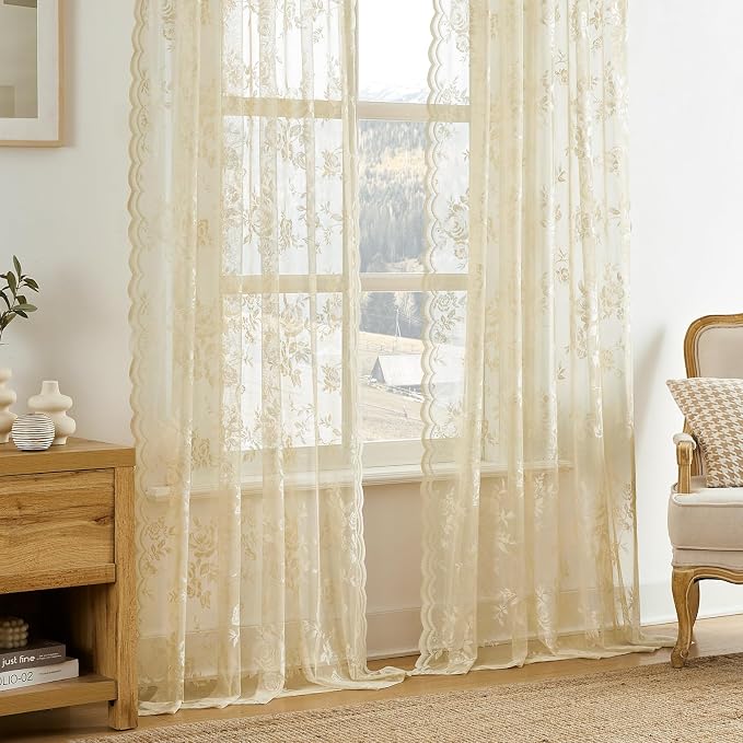 Beige Lace Curtains 108 Inches Long 2 Panels Floral Curtains - Image 2