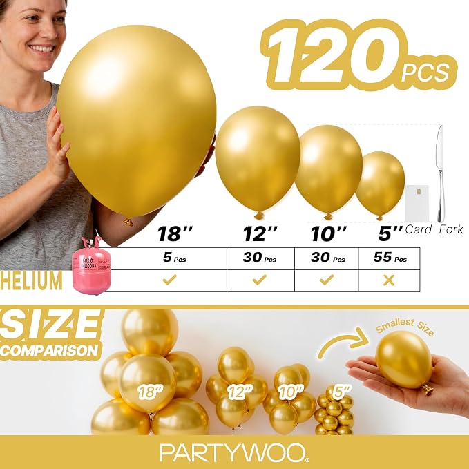 PartyWoo Gold Balloons 120pcs Different Sizes of 18 12 10 5 Inch | Balloons - Image 6