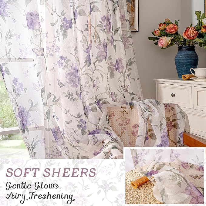 Sheer Curtains 45 Inch Length 2 Panels Set, Lavender Floral Patterned Linen - Image 6