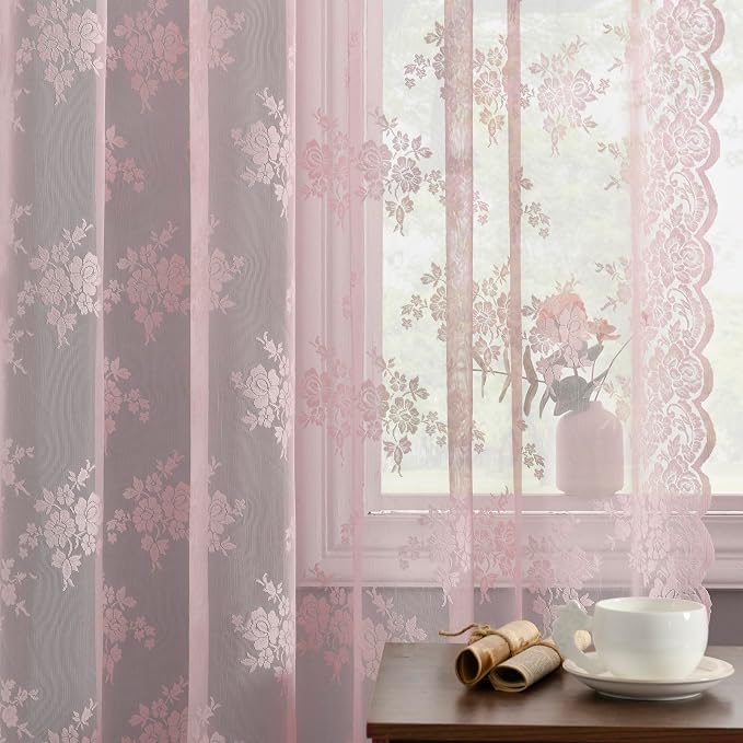 Kotile Pink Lace Curtains for Girls Bedroom Rustic Floral 2 * 42x84 Inch | Rod - Image 5