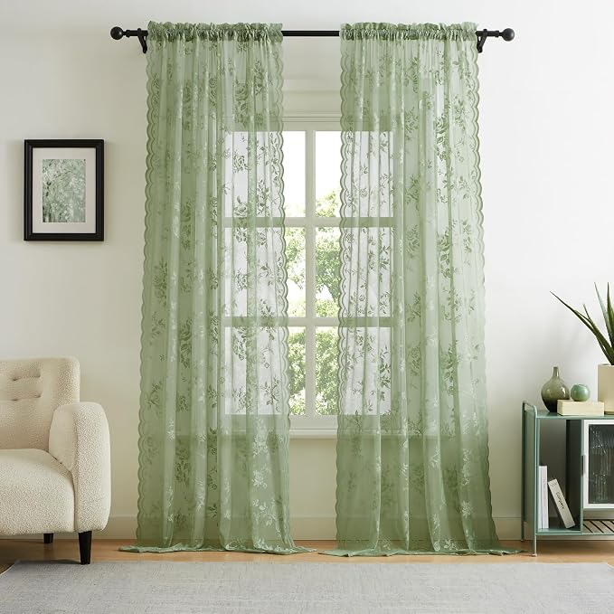 Light Green Lace Curtains 72 Inch Length Country Rustic Floral Sheer Curtains - Image 2