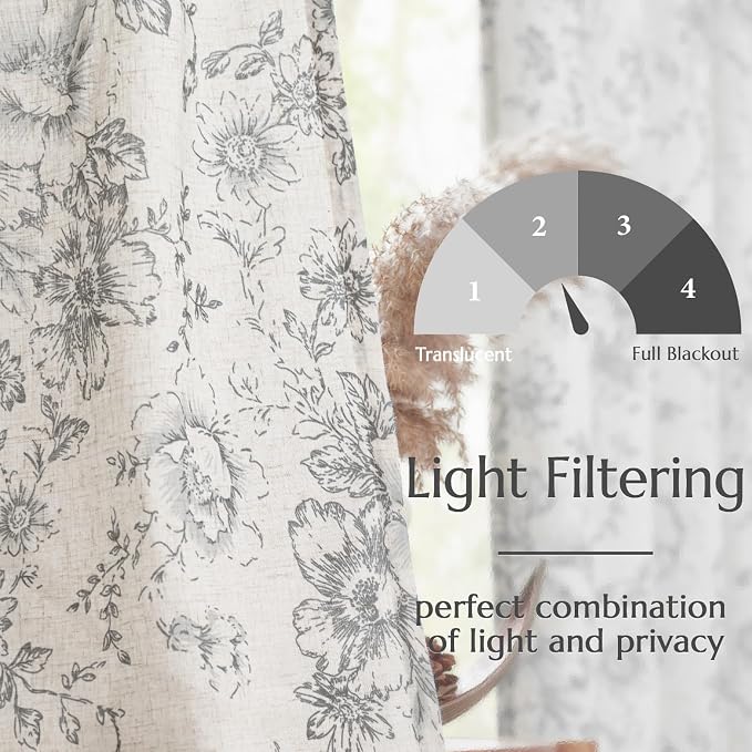 jinchan Grey Floral Linen Curtains 90 Inch Vintage Back Tab 2 Panels | Light - Image 5