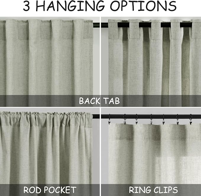 Sage Green Curtains 84 Inch Length 2 Panels Back Tab Rod Pocket Light Filtering - Image 3
