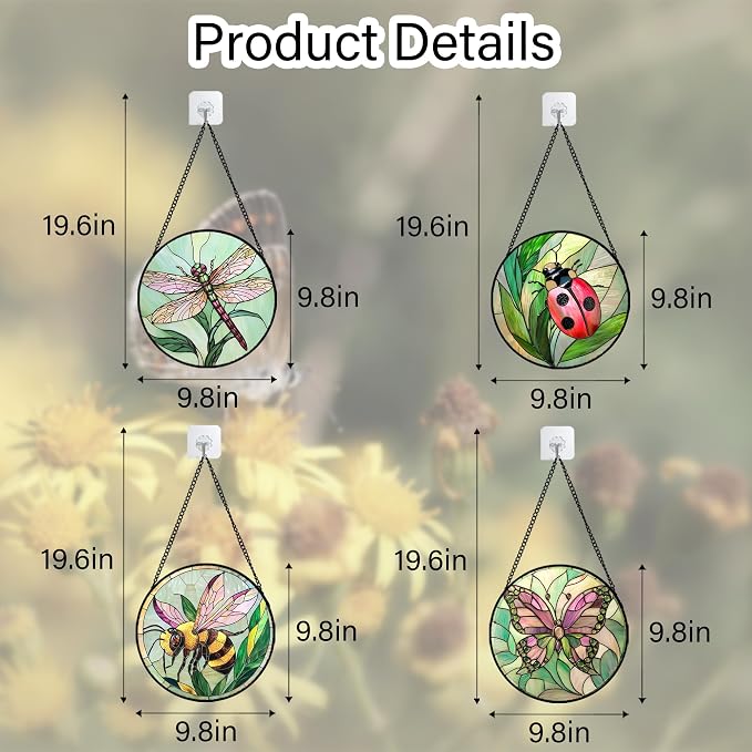 DASTOLL Stained Glass Window Hanging 4 Pcs Set Pink Green Insect Theme 9.8" - Image 6
