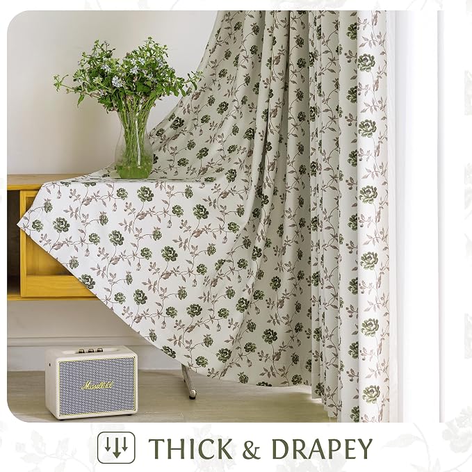 Beauoop Floral 100% Blackout Curtains Bedroom Green Brown 52x72 2 Panels | Rose - Image 7