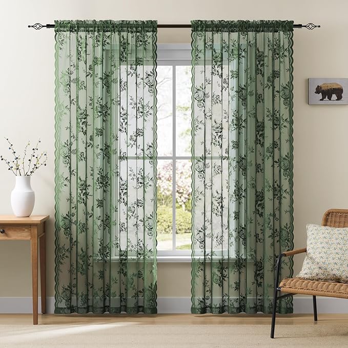 Dark Green Lace Curtains 96 Inches Long 2 Panels Sheer Floral Curtains by SEEKRIGHTHomeDecor