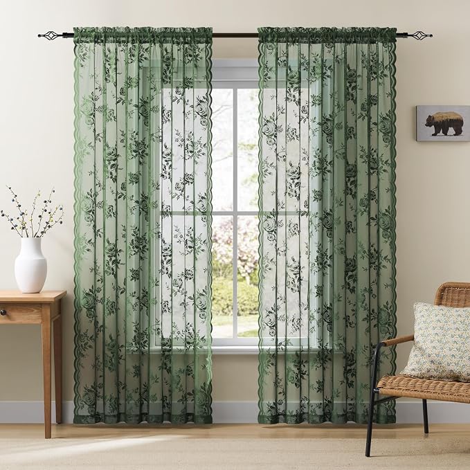 Leaf Green Lace Curtains 72 Inch Length 2 Panels set Victorian Floral Sheer - Image 2