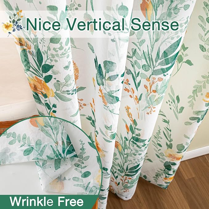 MYSKY HOME Green Sheer Floral Curtains 90 Inch Length - Image 5