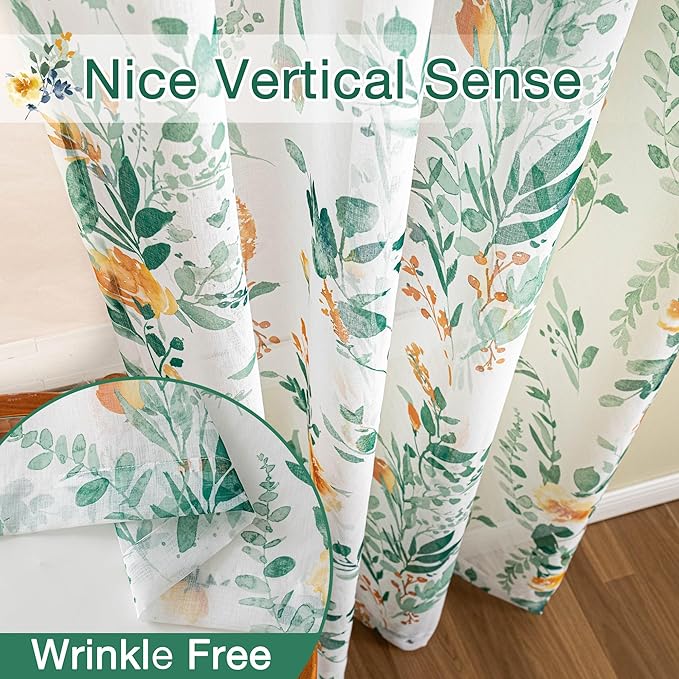MYSKY HOME Green Floral Sheer Curtains 72 Inches Long 2 Panels - Image 5