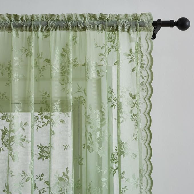SEEKRIGHT Sage Green Lace Cafe Curtains 36 Inch Length Rod Pocket Privacy Sheer - Image 3