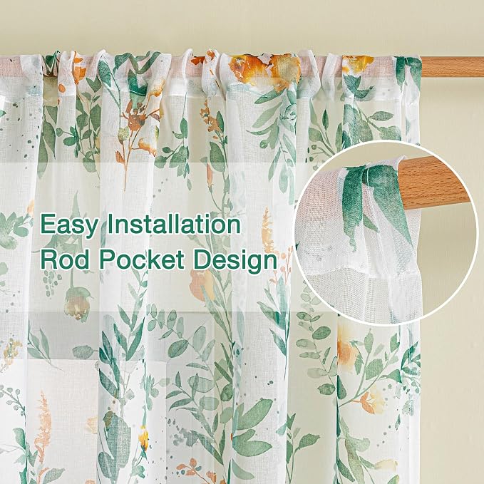 MYSKY HOME Green Floral Sheer Curtains 72 Inches Long 2 Panels - Image 3