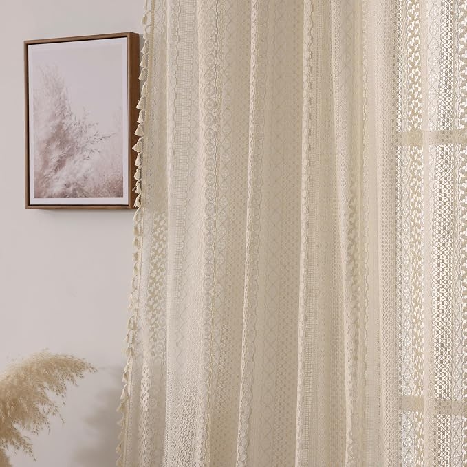 WAZZIO Boho Lace Curtains 120 Inch 2 Panel, Light Filtering Privacy Tassel & - Image 5