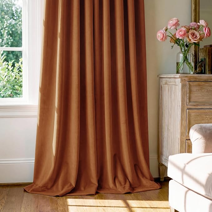 Burnt Orange Velvet Curtains Back Tab Boho Drapes, 300GSM Heavy Velvet - Image 7