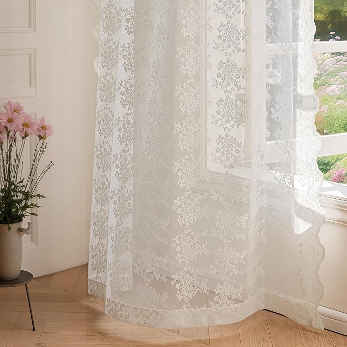 Anmao Vintage White Lace Curtains 80 Inches Long 2 Panels Set, Romantic Elegant - Image 7