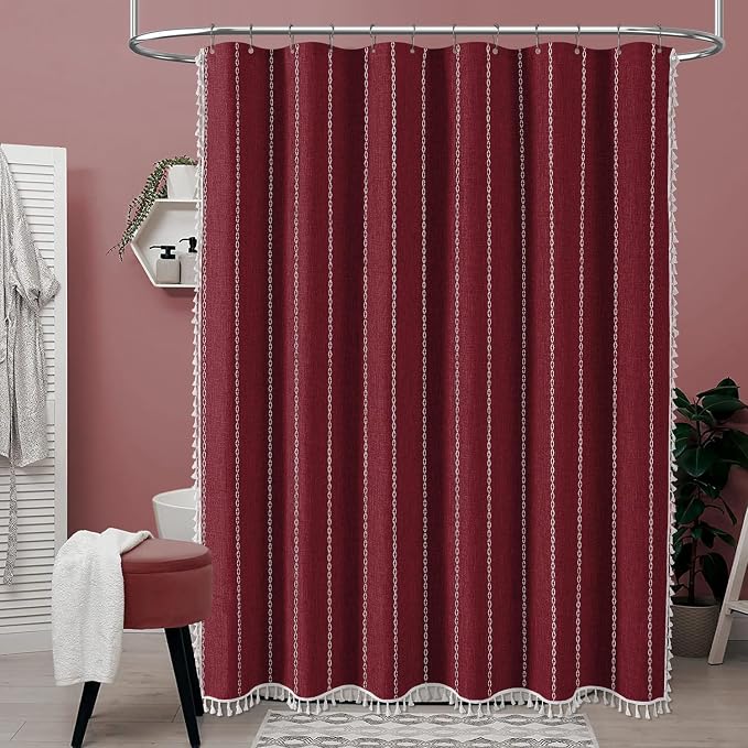 Small Boho Linen Heavy Duty Cloth Shower Curtain, Burgundy | Stall Size - Image 6