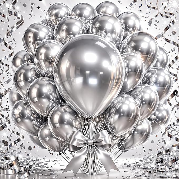 Chrome Silver Metallic Latex Balloons, 100 Pack 12 Inch Round Helium Silver by Tamodan+for+better