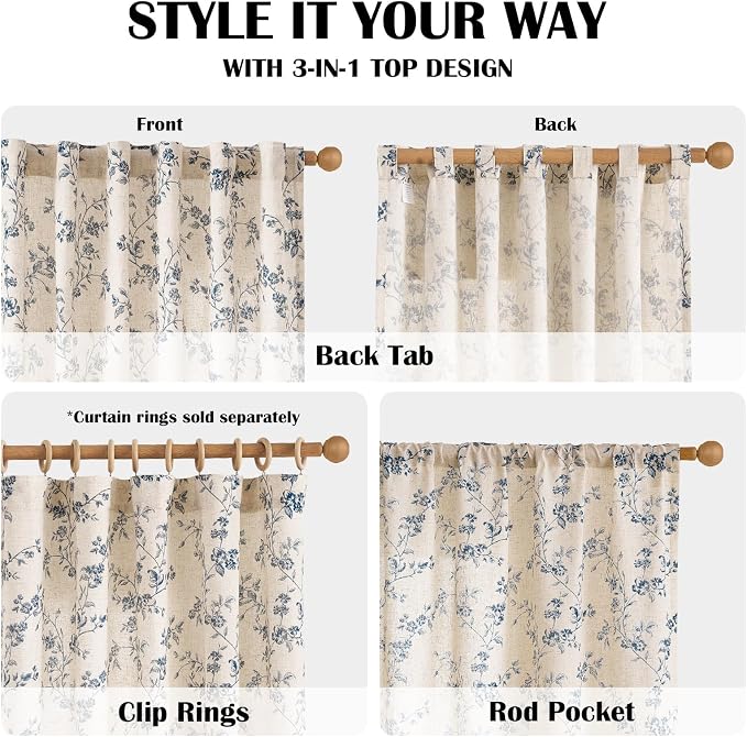 Blue Vintage Floral Linen Curtains Farmhouse 38W X 63L 2 Panels | Elisa Series - Image 5