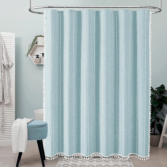 54x78 Boho Farmhouse Linen Heavy Duty Shower Curtain Set, Fog Blue | Narrow - Image 6
