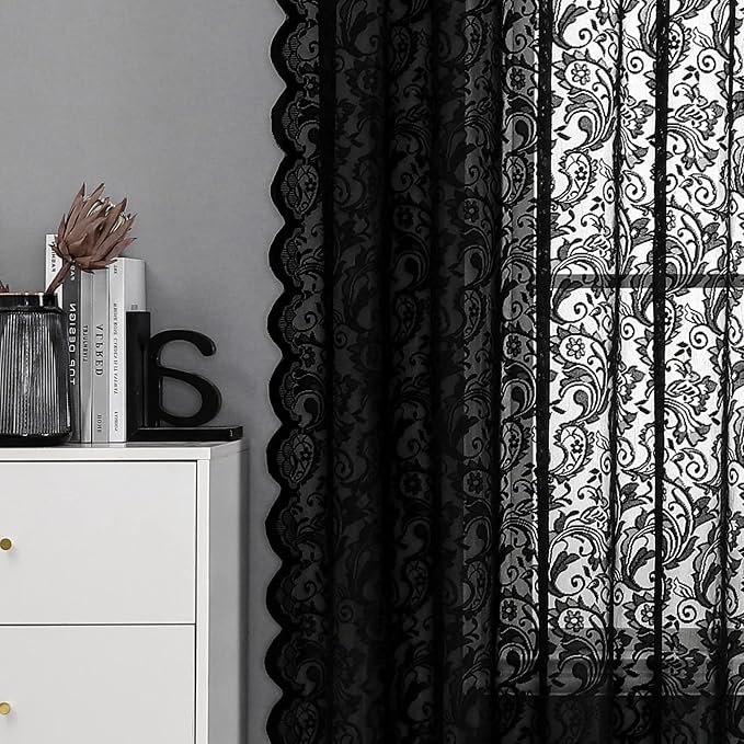 Bujasso Black Sheer Lace Curtains 63 inch Vintage Floral Sheer Window Curtain - Image 3