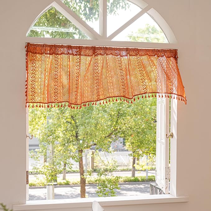 Sutuo Home Terracotta Boho Valance Short Curtains Crochet Lace Sheer Bohemian - Image 3
