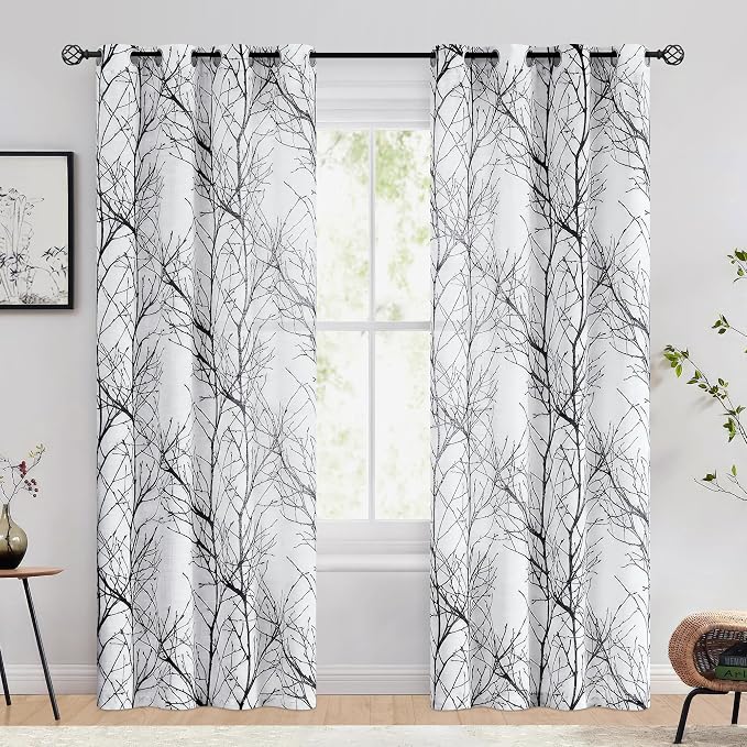 FMFUNCTEX Linen Black White Semi Sheer Print Curtains 72 Inch Long 2 Panels | - Image 2