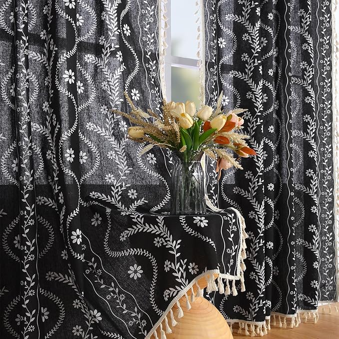 Schweek Black Boho Curtain Tassel 96 Inches Length 2 Panels by Schweek