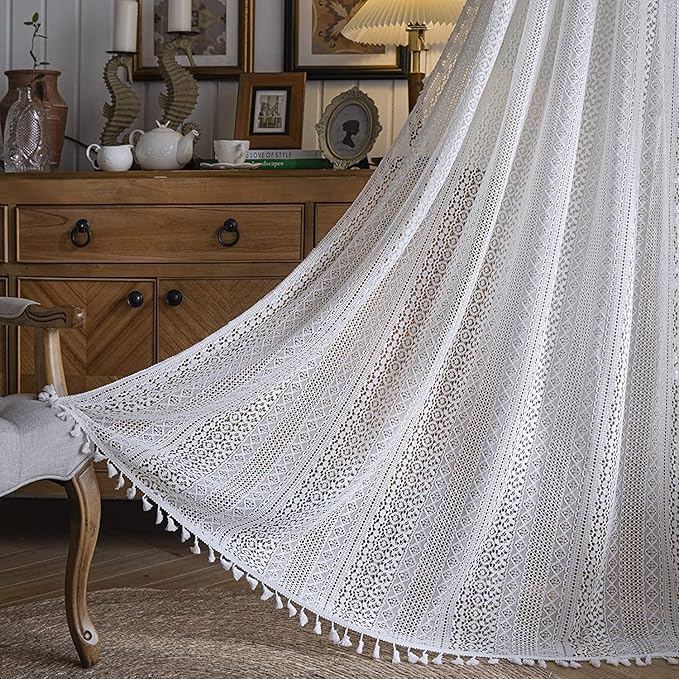 Sutuo Home White Crochet Boho Curtain 96 Inches Long, Sheer Lace Handmade by SutuoHome