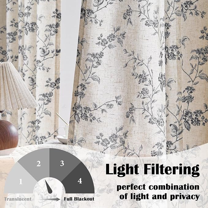 Black Vintage Floral Linen Curtains Farmhouse 38W X 96L 2 Panels | Elisa Series - Image 2