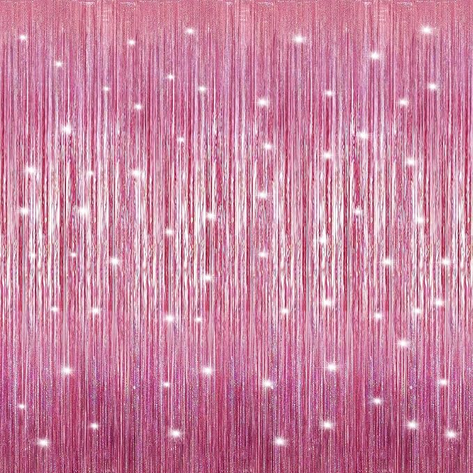 Crosize 4 Pack Laser Pink Party Streamers Backdrop, 3.3 x 9.9 ft | Tinsel Foil by Crosize
