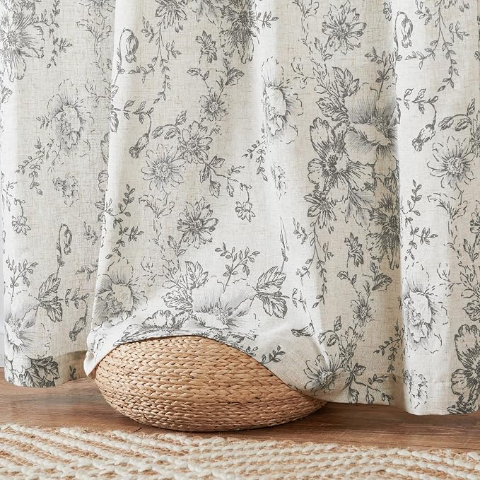 jinchan Grey Floral Linen Curtains 96 Inch Farmhouse Back Tab 2 Panels | Light - Image 7