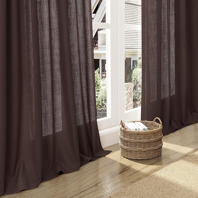 Coffee Linen Curtains for Living Room Back Tab Rod Pocket Semi Sheer Curtains - Image 6