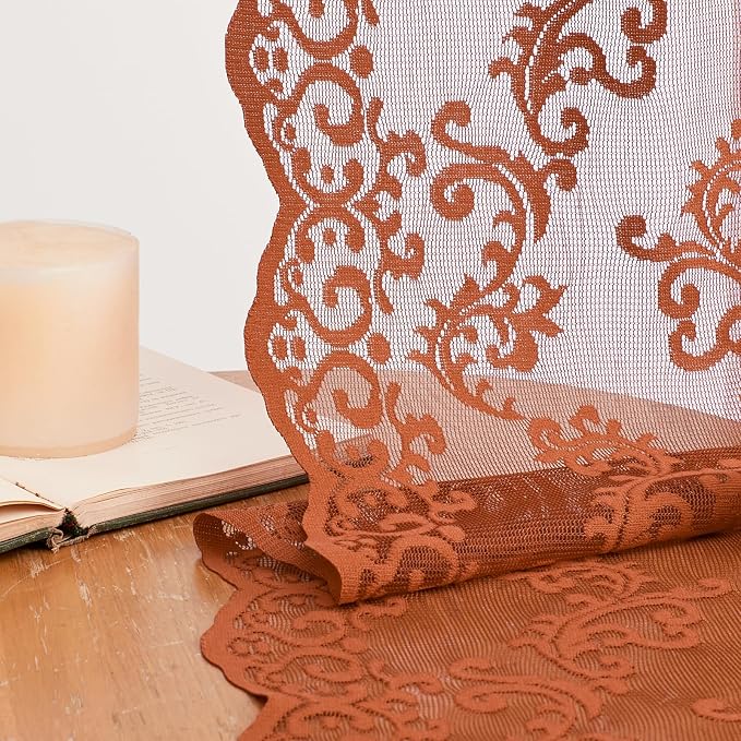 Rust Terracotta Lace Curtains 96 Inches Long 2 Panels Country Lace Sheer - Image 4