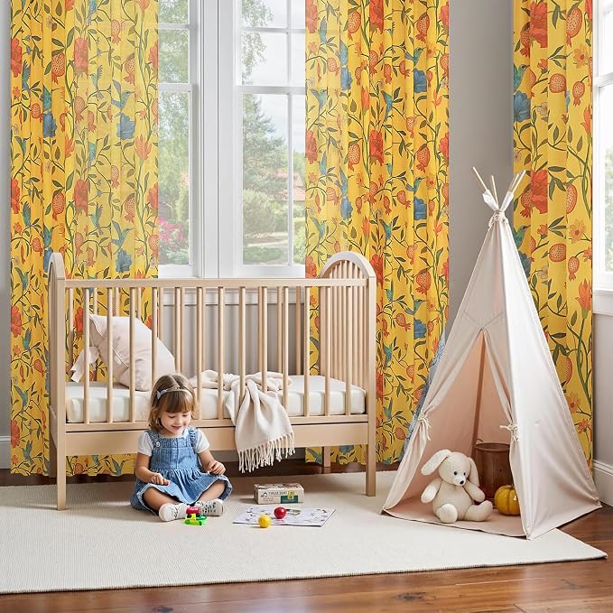 Mustard Yellow Floral Linen Curtains, Boho Whimsical Bird Print Curtains - Image 8
