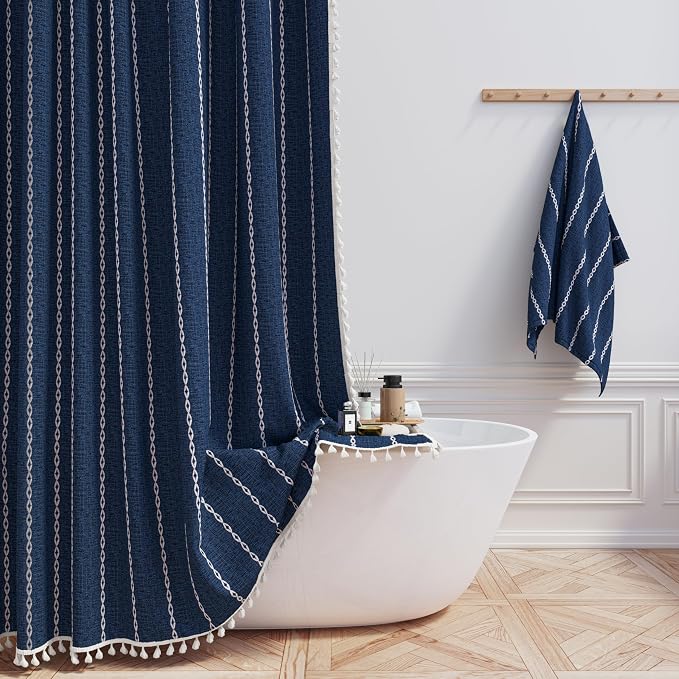 Small Boho Linen Heavy Duty Cloth Shower Curtain, 330GSM Linen Blend, Water by ShowerCurtain