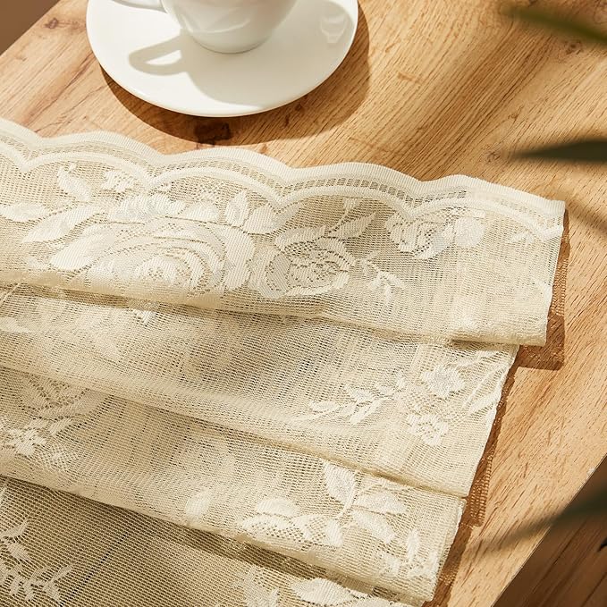 SEEKRIGHT Beige Lace Sheer Curtains 63 Inch Length Country Floral Curtains - Image 7