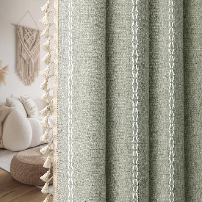 Sage Green Boho Blackout Curtains 90 Inch 2 Panels - Image 9